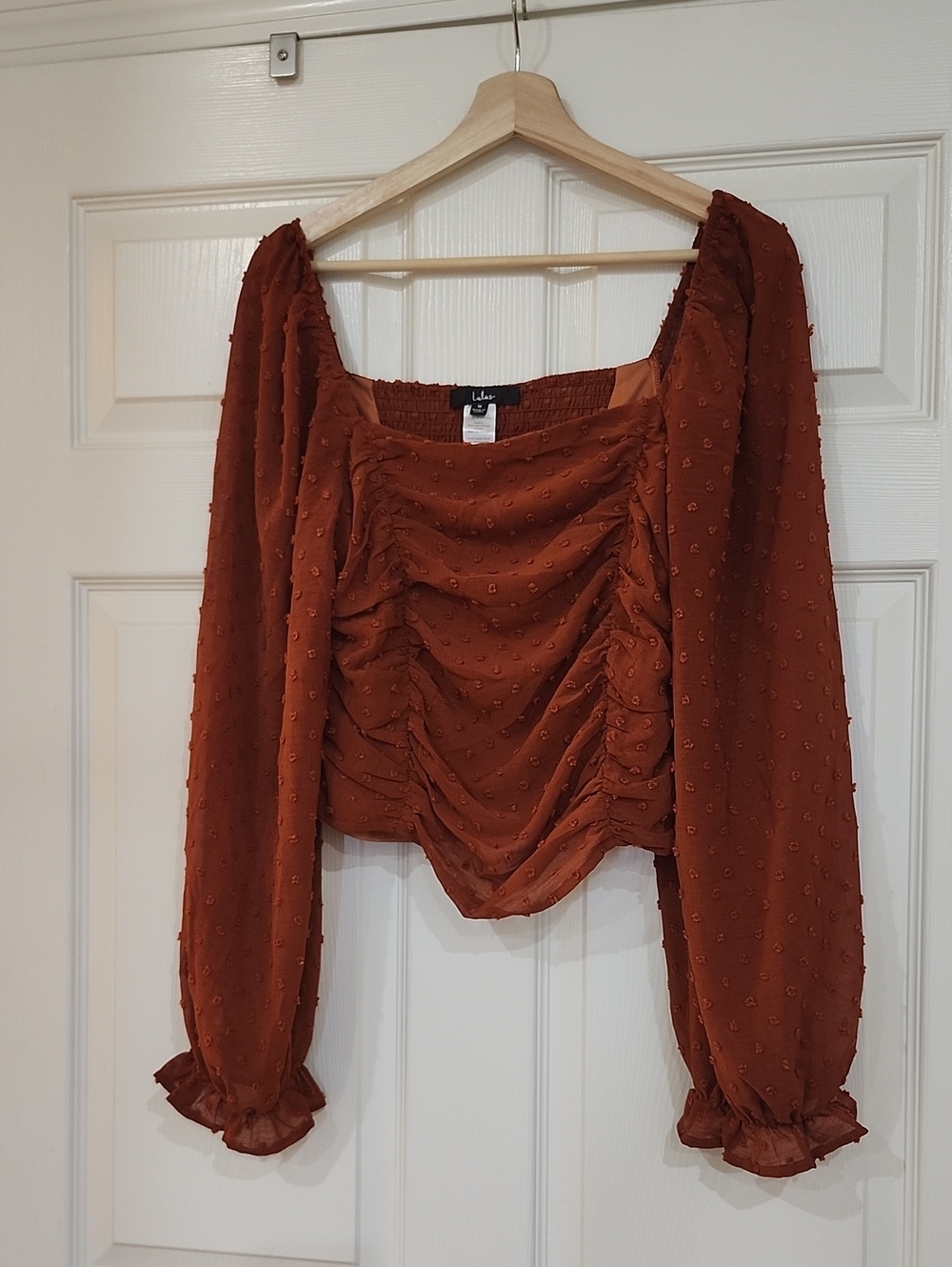 Lulu's Burnt Orange Swiss Dot Ruched Long-Sleeve Cropped Blouse